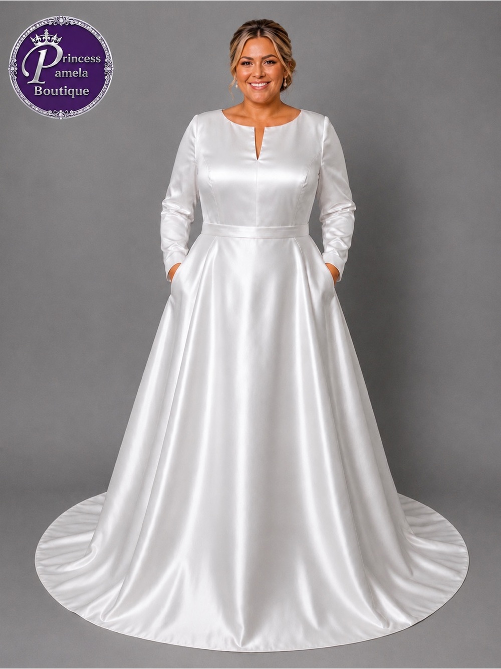 #W 23 - 16 Heavy white satin A-line wedding dress.  4X/Size 26